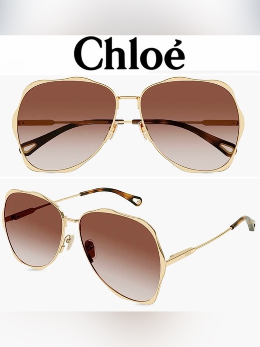 Chloé Honoré 60MM Wavy Aviator Sunglasses Gold Frame Brown Gradient NWT $550